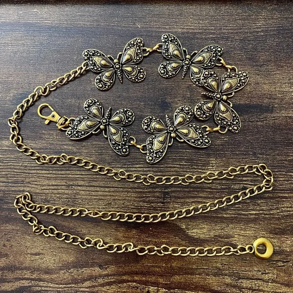Antique Gold Y2K Butterfly Fairycore Chain Belt, Fits 15-46 Inches, X7GA1273